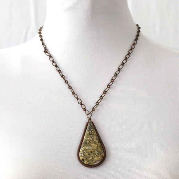 Handmade Teardrop Yellow Jasper Pendant Necklace With Antique Bronze Chain Jewel - Picture 9 of 9
